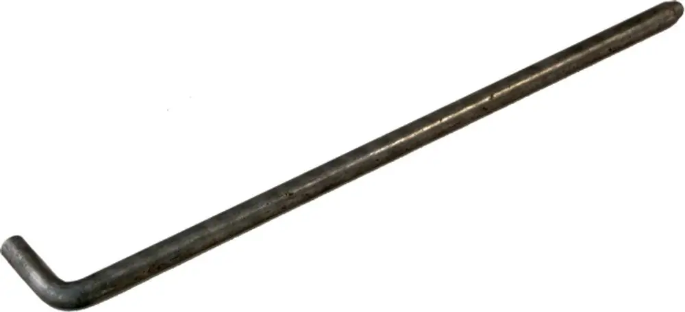 Verchromter, L-förmiger Metallstab, typischerweise verwendet als Absteckbolzen, möglicherweise für eine Gusstüre, hergestellt von Wolf.